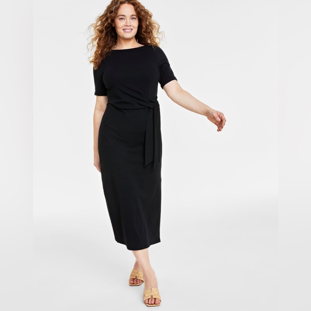 Women's Crewneck Wrap Tie Waist T-shirt Midi Dress M Black